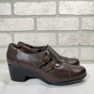 Clarks Collection Brown Leather Side Zip Bootie Size 7 Buckle Detail Academia